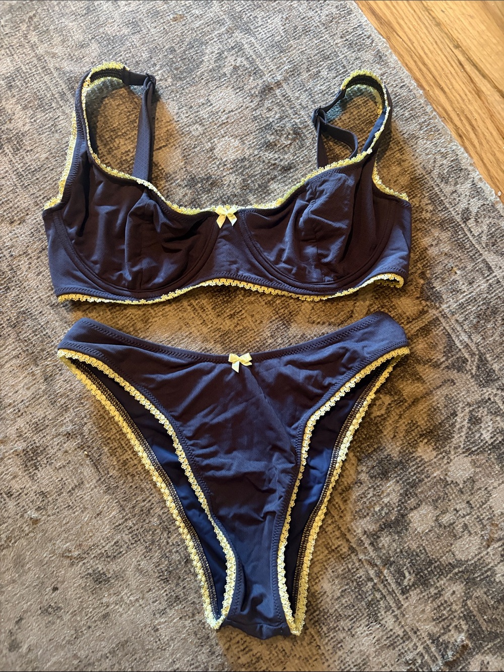 Blackbough Navy Blue Pointelle Underwire Bikini Set with Trim